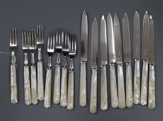 A part set of silver and mother of pearl fruit eaters
